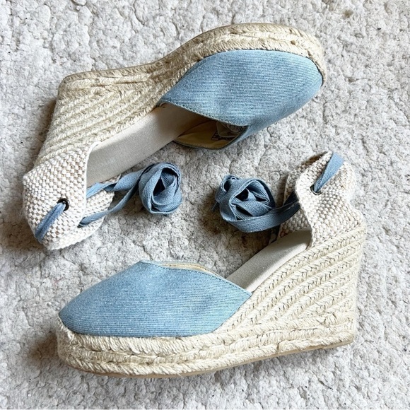 Soludos Shoes - Saludos Light Denim Wrap Ankle Strap Platform Wedge Espadrille Size 8